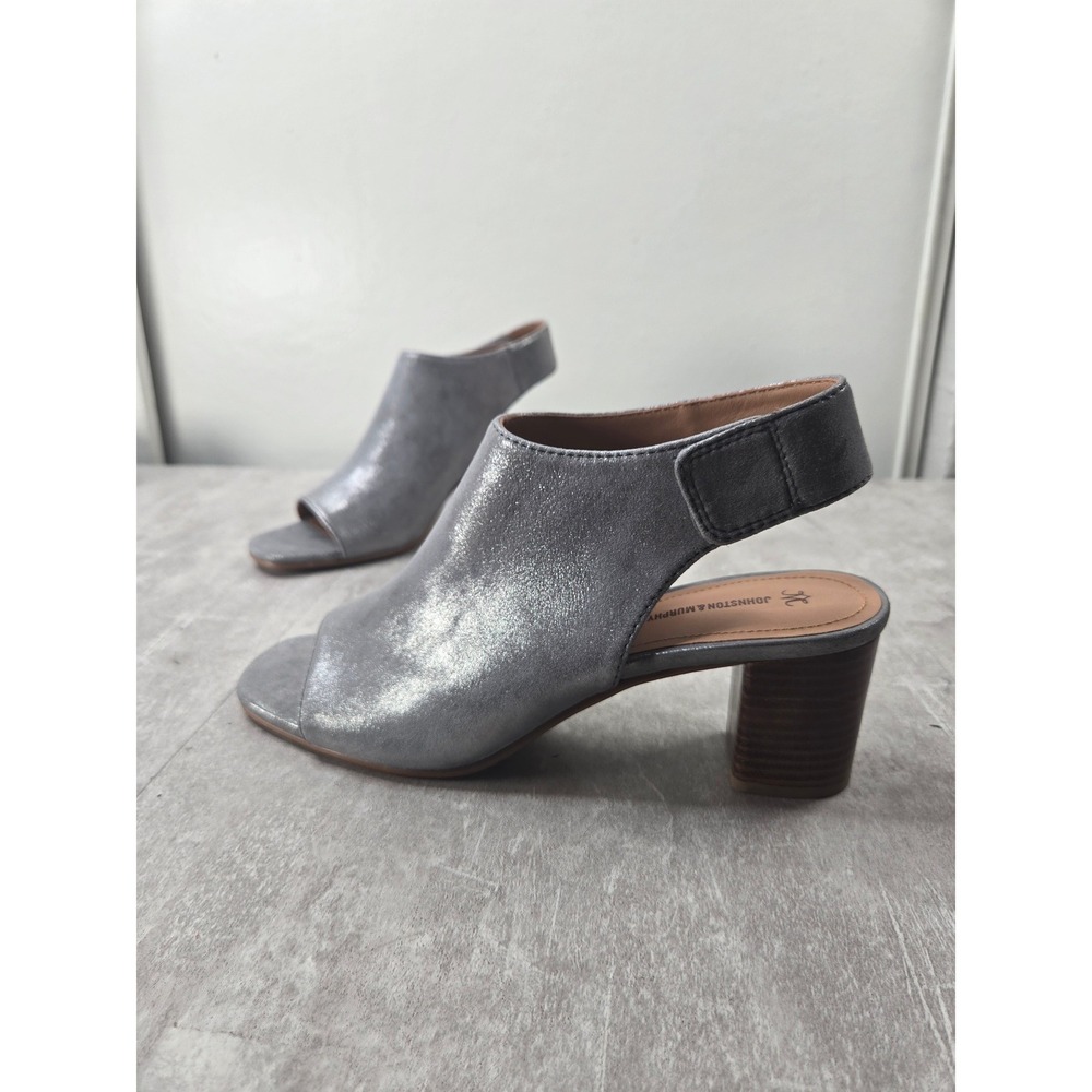 Johnston Murphy Peep Toe Bootie 9 Metallic Silver Slingback Block Heel Sandals